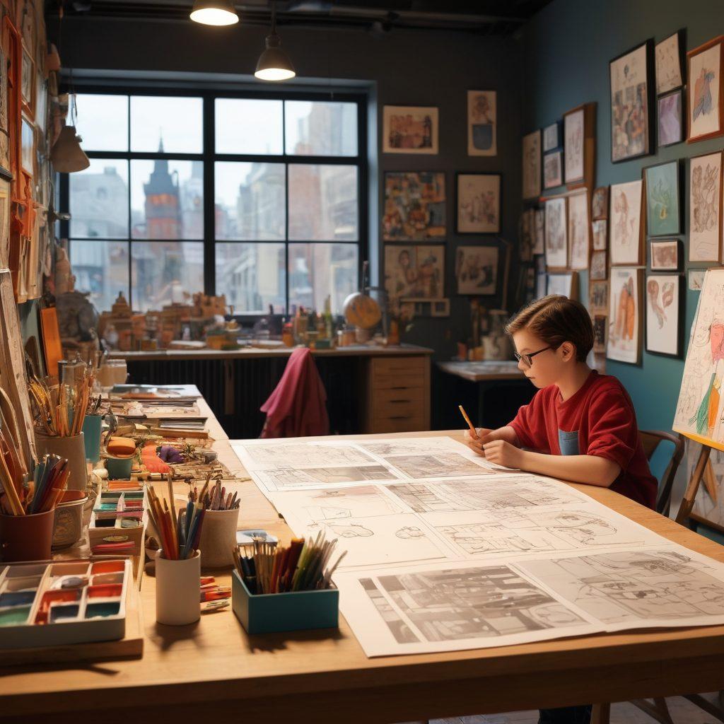 A vibrant and thought-provoking scene depicting a diverse group of animators gathered around a colorful storyboard. The storyboard showcases contrasting styles of animation: whimsical children's characters alongside more mature themes. Bright, engaging colors splash across the canvas with a few shadowy elements to hint at the complexity of the content. Artistic tools like pencils, tablets, and paintbrushes are scattered around, symbolizing creativity and freedom of expression. The background features a dynamic urban landscape, punctuated by iconic animation references. super-realistic. vibrant colors. artist's studio.