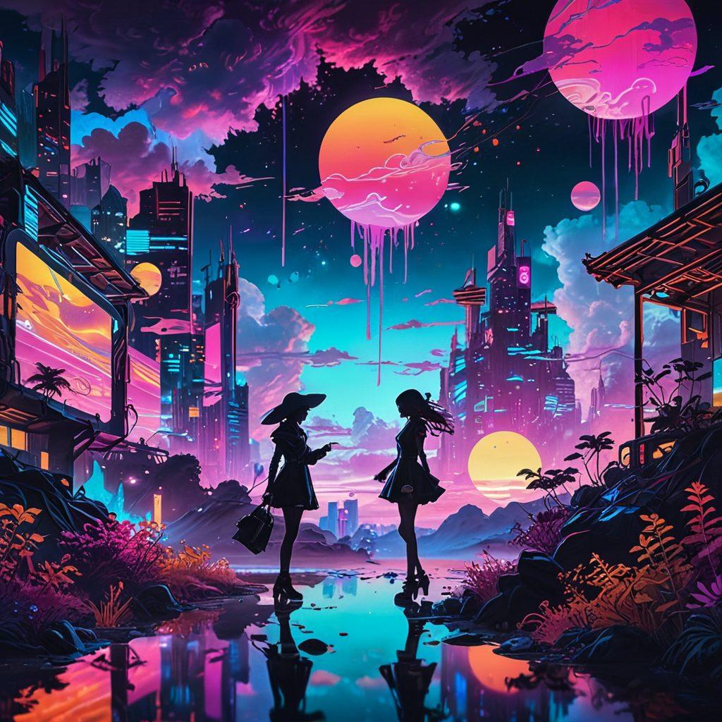 An ethereal landscape featuring a blend of vibrant neon colors and soft contours, showcasing characters from adult anime in a dreamy, surreal setting. Include abstract shapes and playful elements that symbolize desire and curiosity, with hints of both eroticism and artistry present in the characters’ expressions. The background should swirl with fantasy elements for a whimsical feel. cyberpunk, vibrant colors, surrealism.